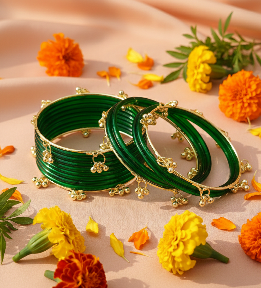 Trendy Ghungroo Glass Bangles Set Green Kashmiri Style Bangles | Pack of 20 with Golden Metal Charm