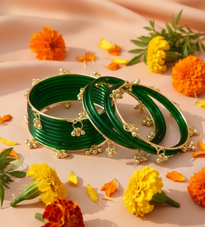 Trendy Ghungroo Glass Bangles Set Green Kashmiri Style Bangles | Pack of 20 with Golden Metal Charm