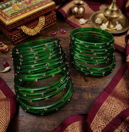 Traditional Green Stone Gold Bangles  Glossy Finish with Golden Stone Work | Stylish &  Wear (Pack of 24)