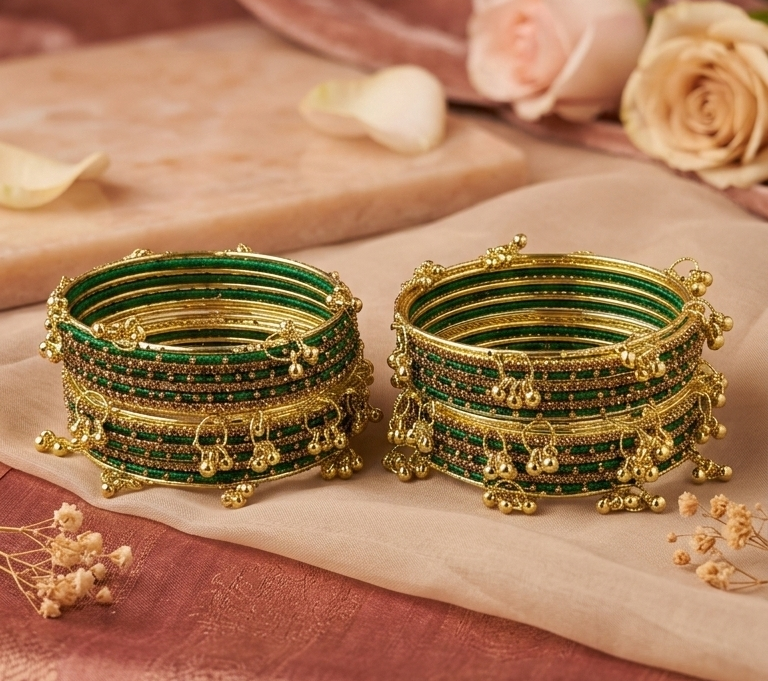 Traditional Green Silk Thread Kashmiri Goti Metal Kangan for-Set of 32