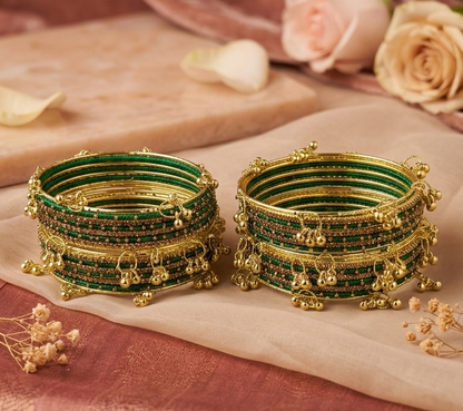 Traditional Green Silk Thread Kashmiri Goti Metal Kangan for-Set of 32