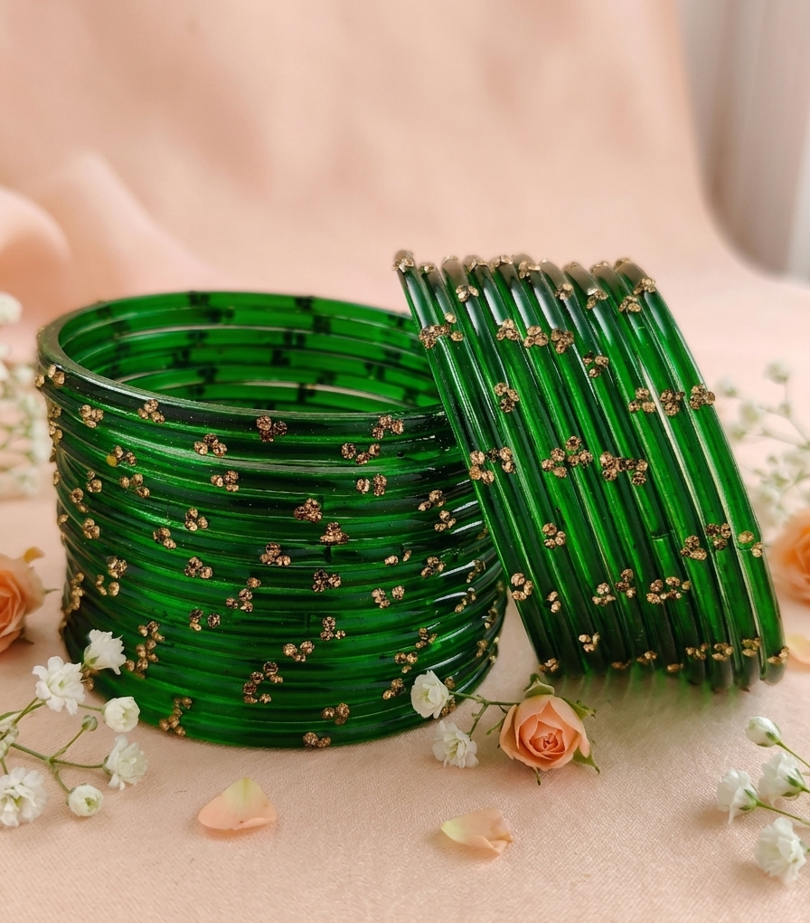 Traditional Green Stone Gold Bangles  Glossy Finish with Golden Stone Work | Stylish &  Wear (Pack of 24)