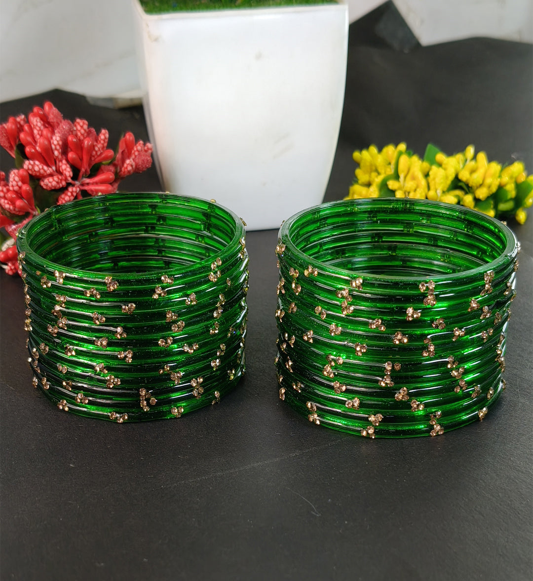 Traditional Green Stone Gold Bangles  Glossy Finish with Golden Stone Work | Stylish &  Wear (Pack of 24)