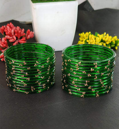 Traditional Green Stone Gold Bangles  Glossy Finish with Golden Stone Work | Stylish &  Wear (Pack of 24)