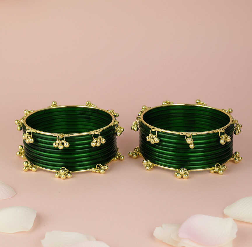 Trendy Ghungroo Glass Bangles Set Green Kashmiri Style Bangles | Pack of 20 with Golden Metal Charm