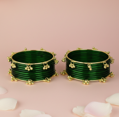 Trendy Ghungroo Glass Bangles Set Green Kashmiri Style Bangles | Pack of 20 with Golden Metal Charm