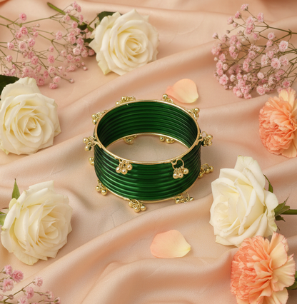 Trendy Ghungroo Glass Bangles Set Green Kashmiri Style Bangles | Pack of 20 with Golden Metal Charm
