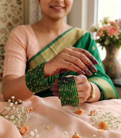 Traditional Green Stone Gold Bangles  Glossy Finish with Golden Stone Work | Stylish &  Wear (Pack of 24)