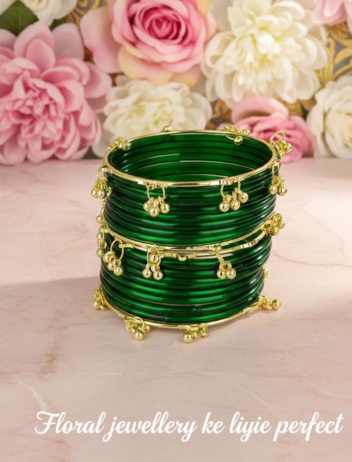 Trendy Ghungroo Glass Bangles Set Green Kashmiri Style Bangles | Pack of 20 with Golden Metal Charm