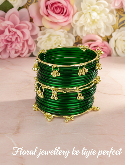 Trendy Ghungroo Glass Bangles Set Green Kashmiri Style Bangles | Pack of 20 with Golden Metal Charm