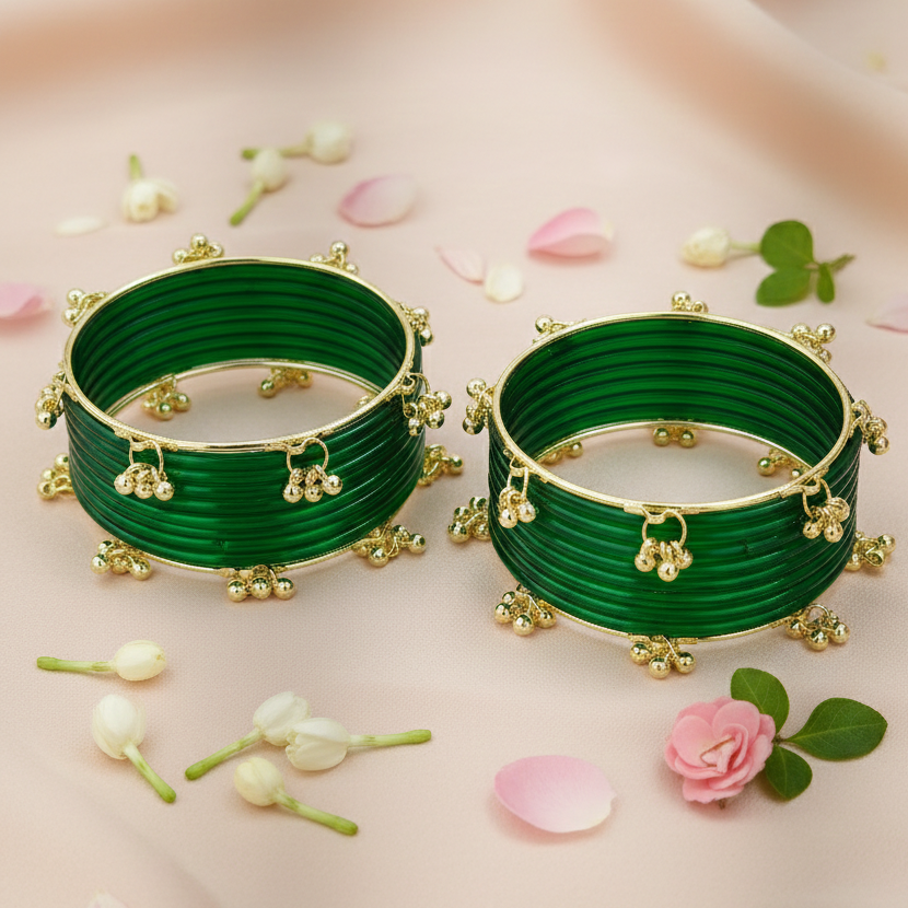 Trendy Ghungroo Glass Bangles Set Green Kashmiri Style Bangles | Pack of 20 with Golden Metal Charm
