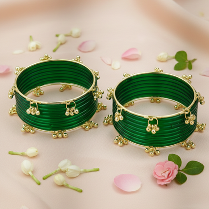 Trendy Ghungroo Glass Bangles Set Green Kashmiri Style Bangles | Pack of 20 with Golden Metal Charm