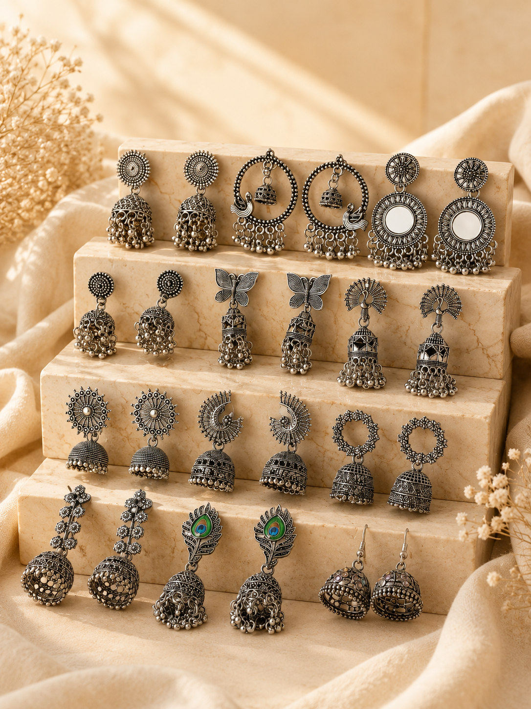 Korean Zircon Silver Plated Jhumka Earrings Combo Set- Pack of 12