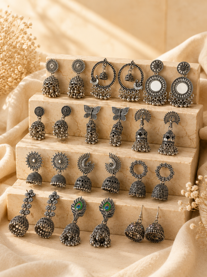 Korean Zircon Silver Plated Jhumka Earrings Combo Set- Pack of 12