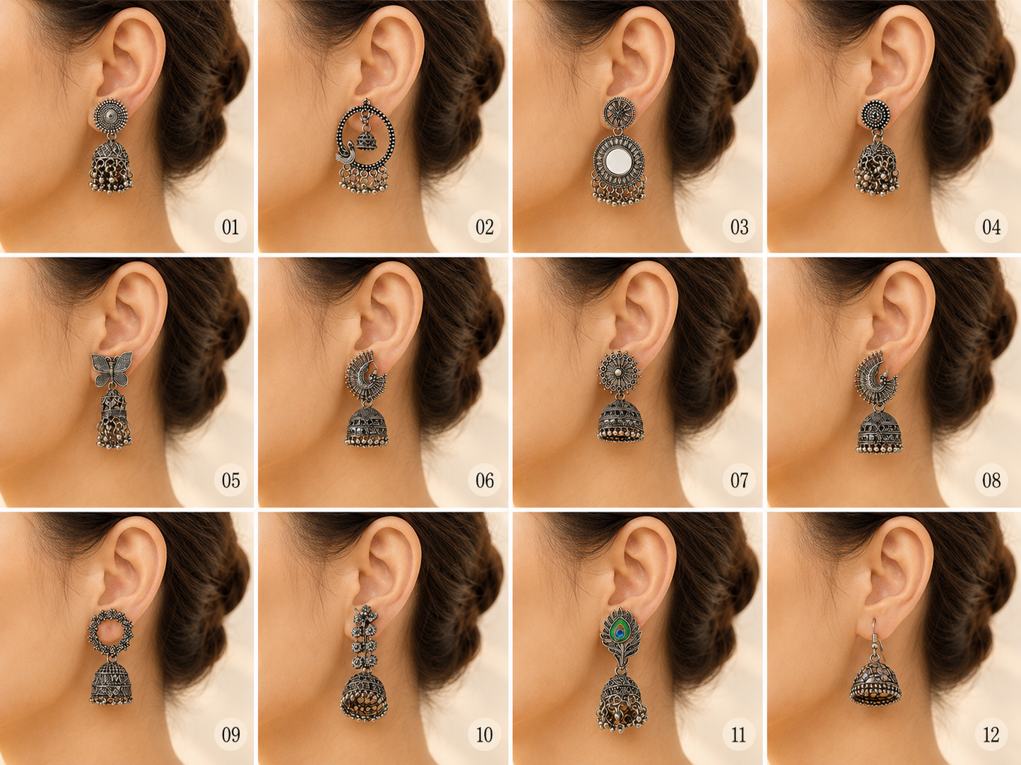 Korean Zircon Silver Plated Jhumka Earrings Combo Set- Pack of 12
