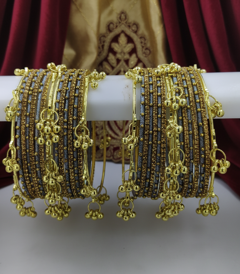 Traditional Grey Silk Thread Kashmiri Goti Metal Kangan for-Set of 32