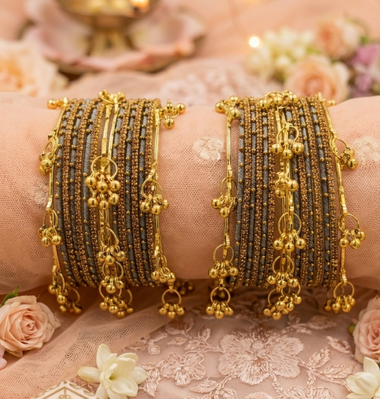 Traditional Grey Silk Thread Bangles Set of 32 | Kashmiri Goti Metal Kangan for-Set of 32