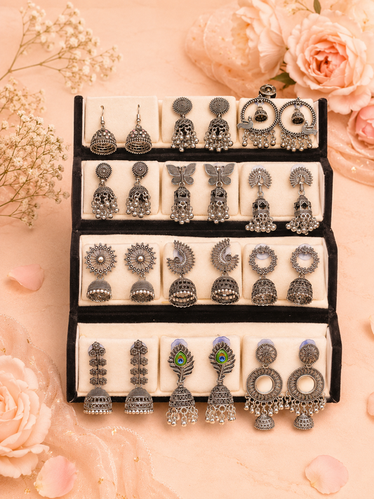 Korean Zircon Silver Plated Jhumka Earrings Combo Set- Pack of 12