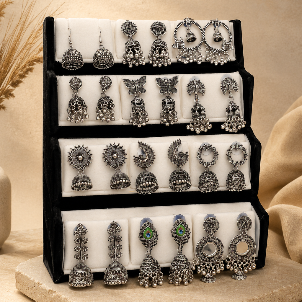 Korean Zircon Silver Plated Jhumka Earrings Combo Set- Pack of 12