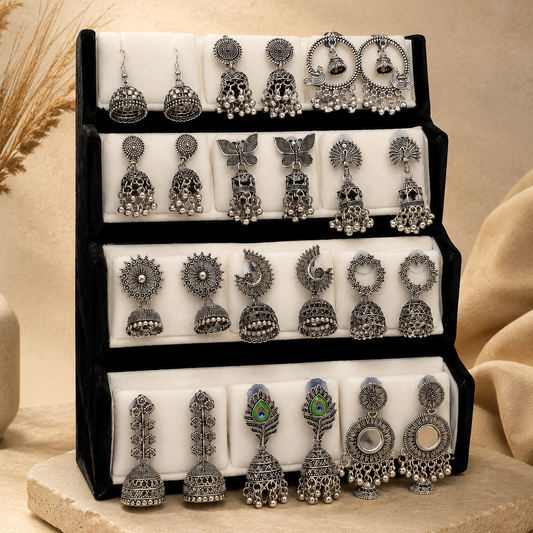 Korean Zircon Silver Plated Jhumka Earrings Combo Set- Pack of 12