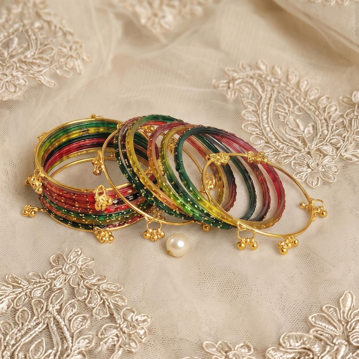 Trendy Glass Bangles With Gold Ghunghroo Set - Set Of 16