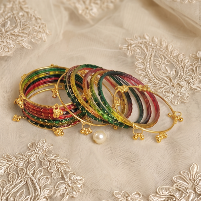 Trendy Glass Bangles With Gold Ghunghroo Set - Set Of 16