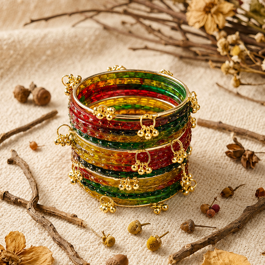 Trendy Glass Bangles With Gold Ghunghroo Set - Set Of 16