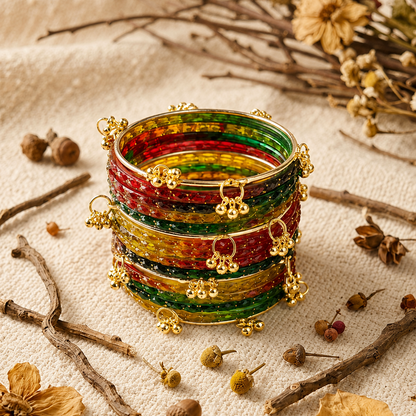 Trendy Glass Bangles With Gold Ghunghroo Set - Set Of 16