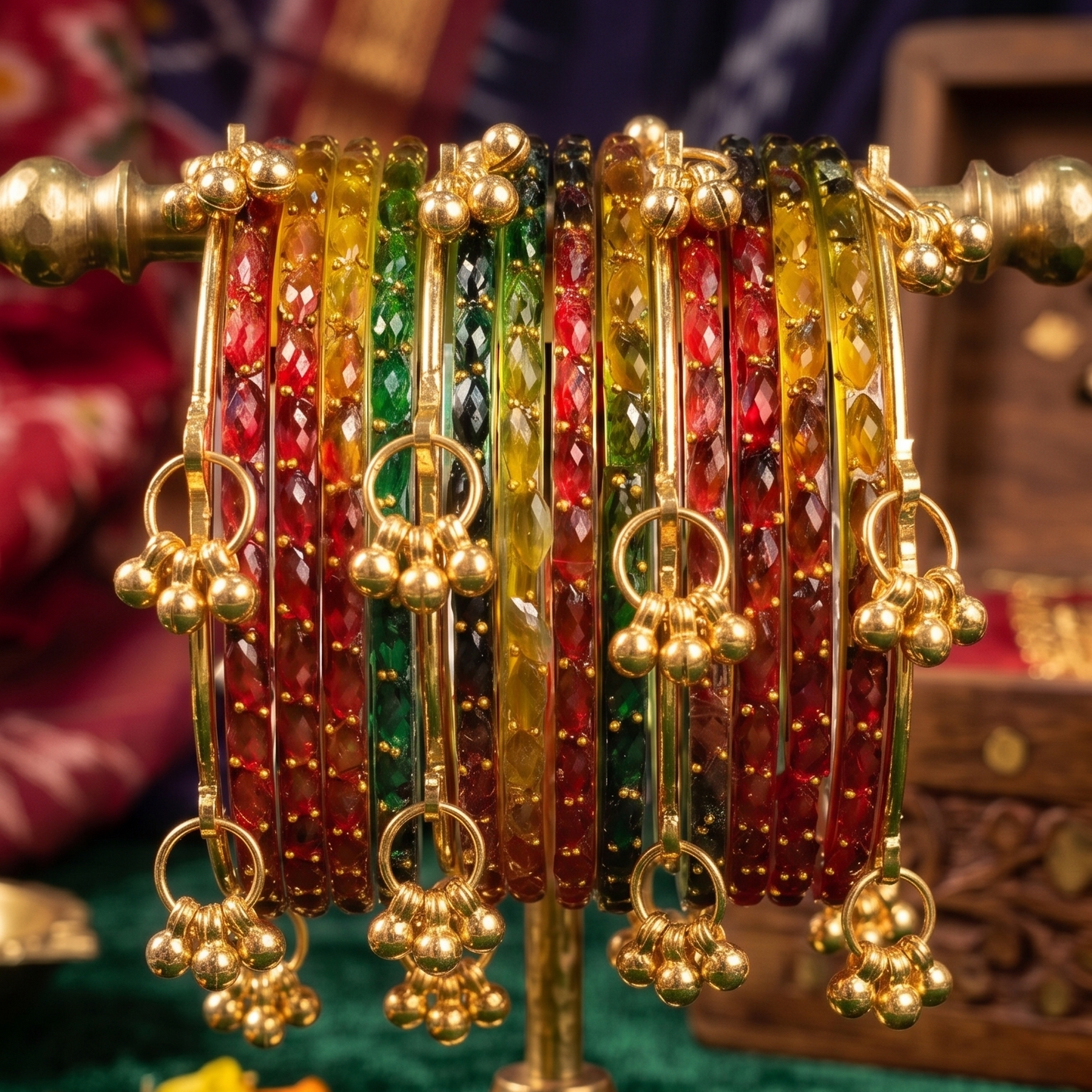 Trendy Glass Bangles With Gold Ghunghroo Set - Set Of 16