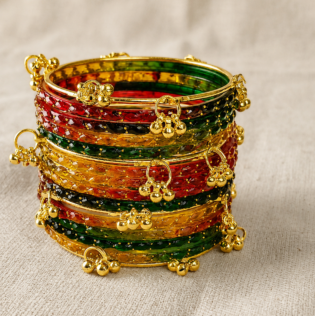 Trendy Glass Bangles With Gold Ghunghroo Set - Set Of 16