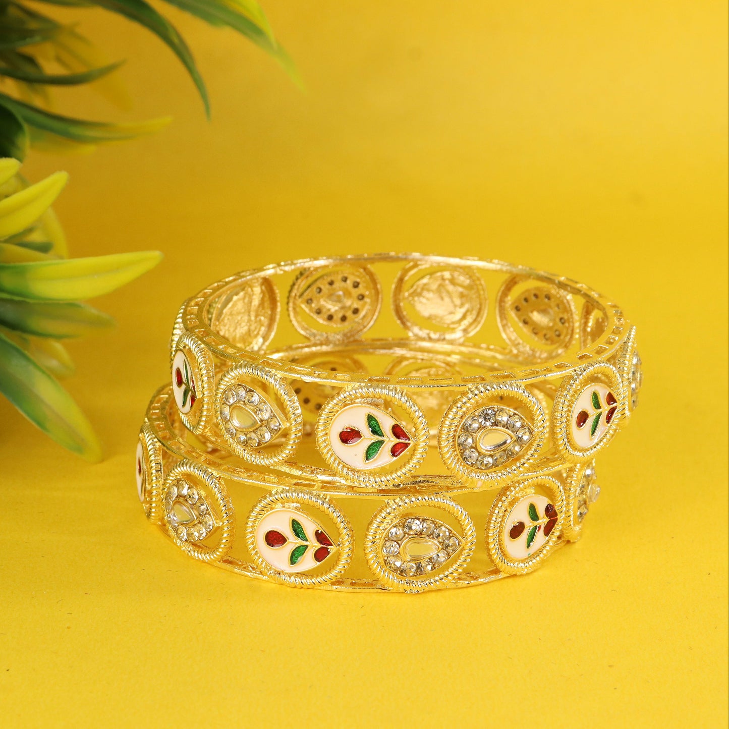 Premium Gold Plated Leaf & Kundan Meenakari Kada Set - Set Of 2