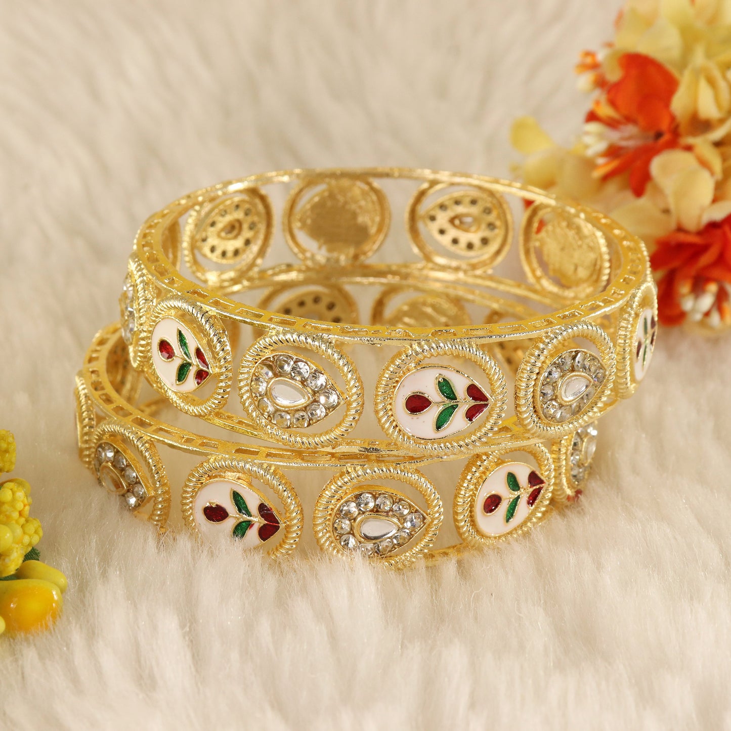Premium Gold Plated Leaf & Kundan Meenakari Kada Set - Set Of 2