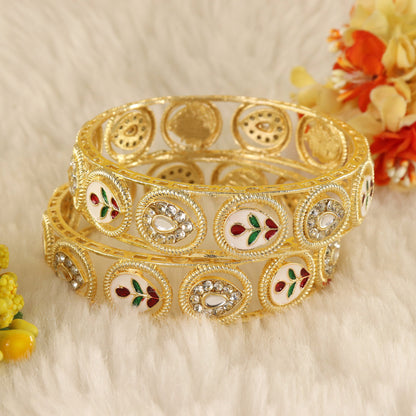 Premium Gold Plated Leaf & Kundan Meenakari Kada Set - Set Of 2