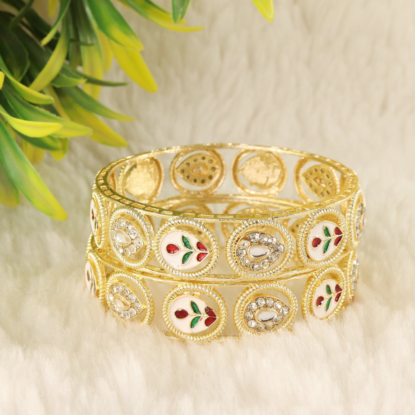 Premium Gold Plated Leaf & Kundan Meenakari Kada Set - Set Of 2