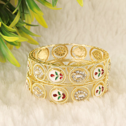 Premium Gold Plated Leaf & Kundan Meenakari Kada Set - Set Of 2