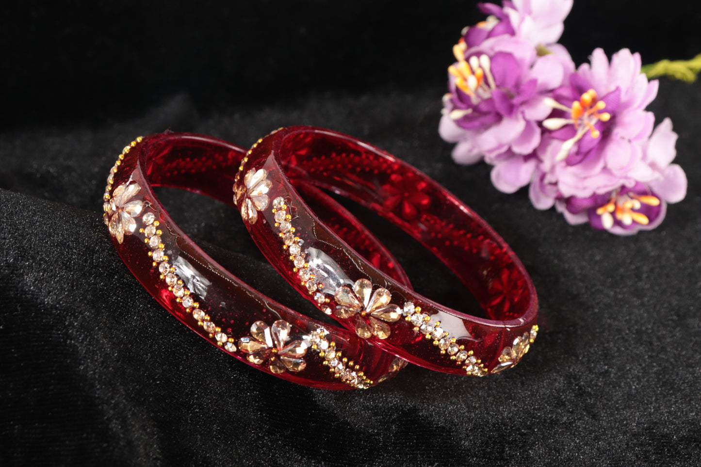 Red Floral Designer Glass Bangle Set of 2 – Stone & Bead Work