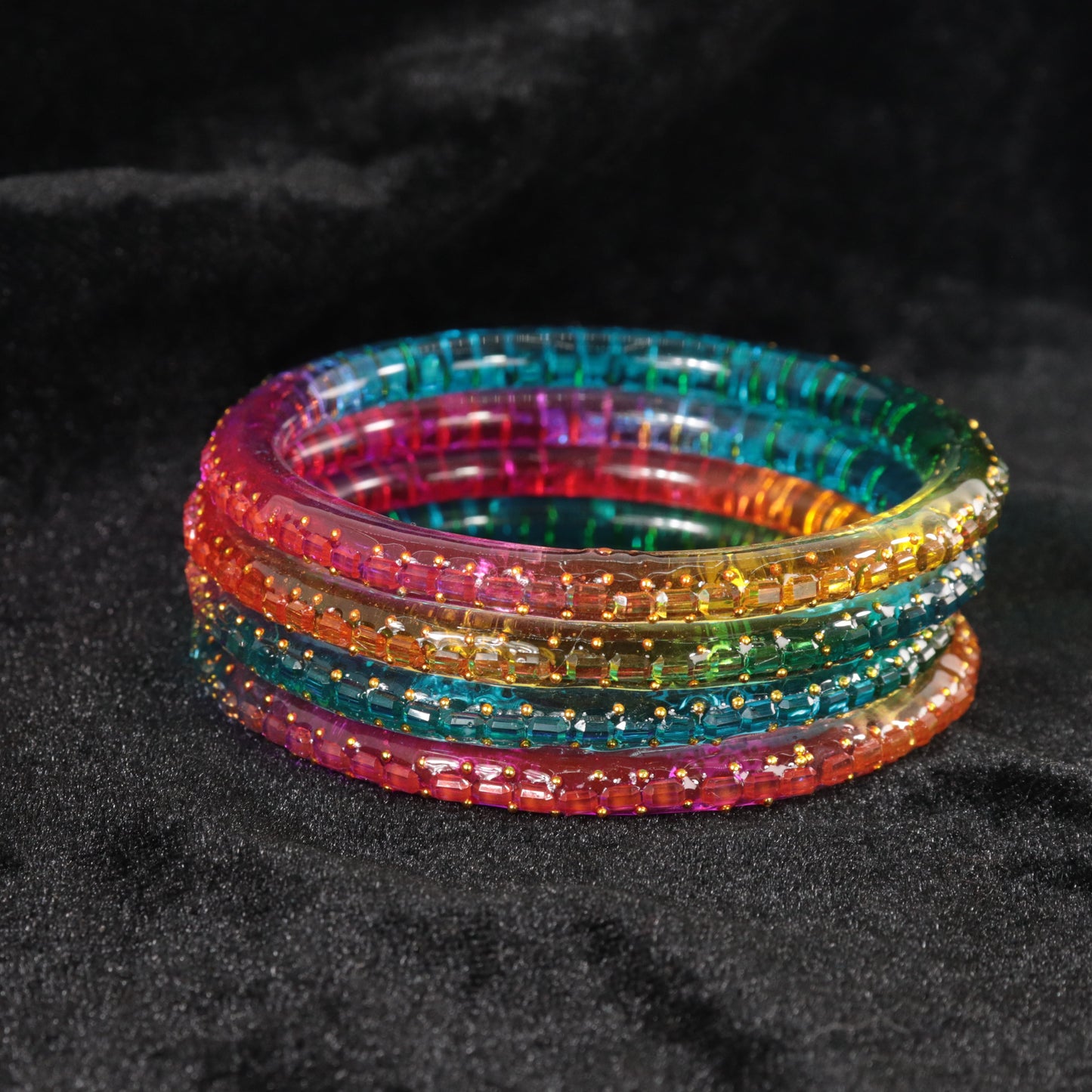 Rainbow Multicolor Acrylic Bangle Set of 2 – Glossy with Golden Detailing