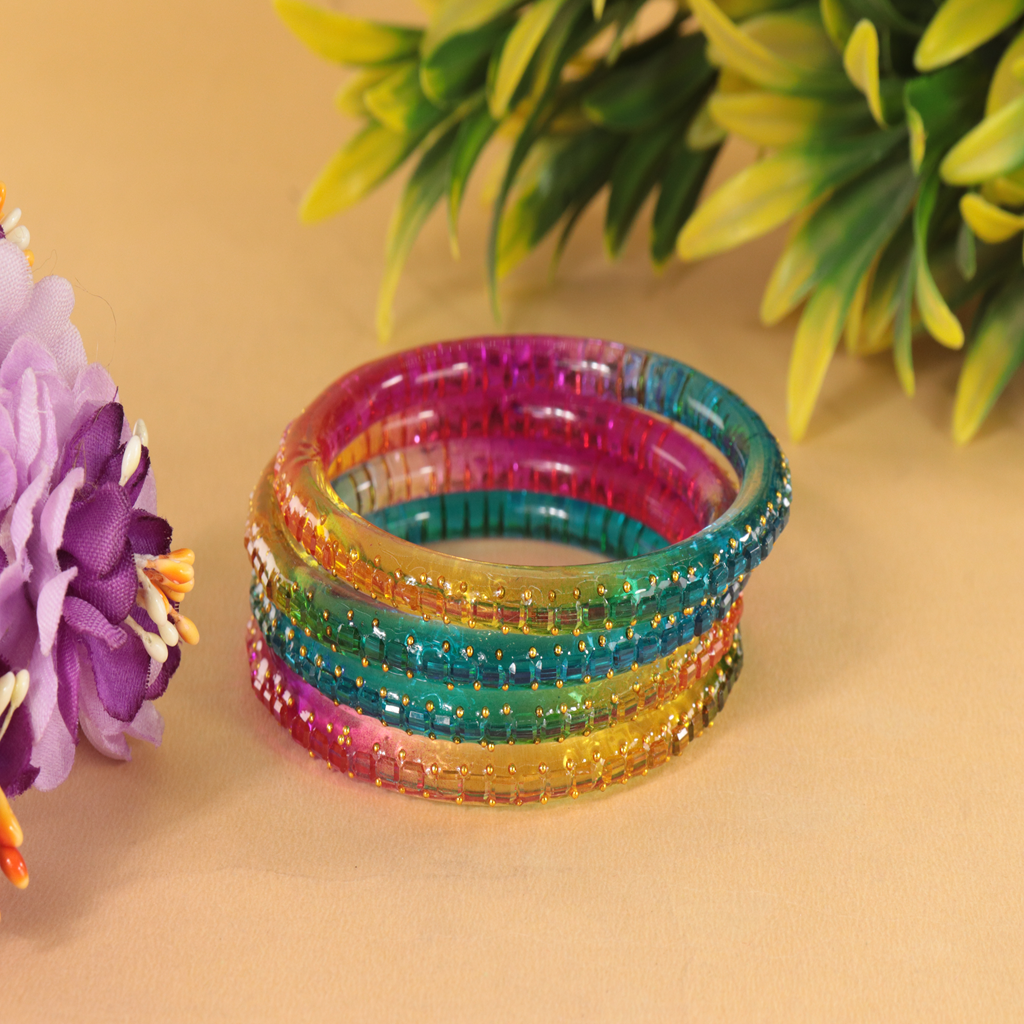 Rainbow Multicolor Acrylic Bangle Set of 2 – Glossy with Golden Detailing