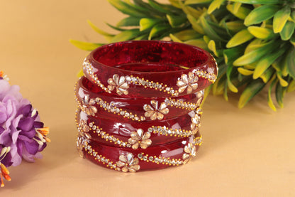 Red Floral Designer Glass Bangle Set of 2 – Stone & Bead Work
