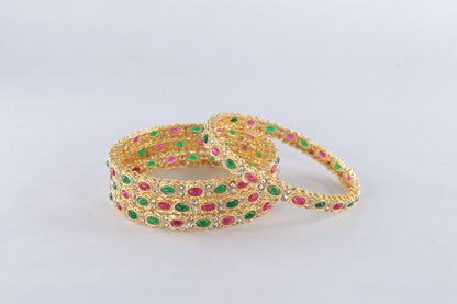 Gold Plated Red & Green Stone Bangles – Set of 2