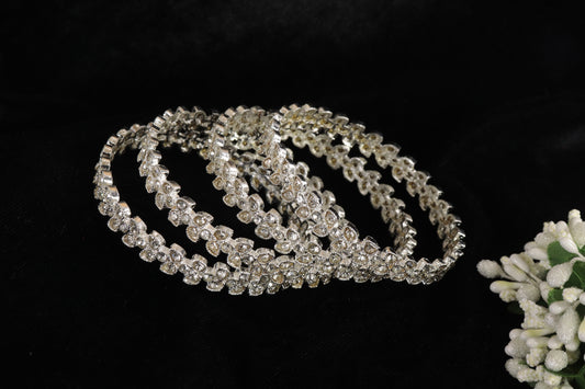 Designer Silver Kada with Floral Stone Pattern – Set of 4