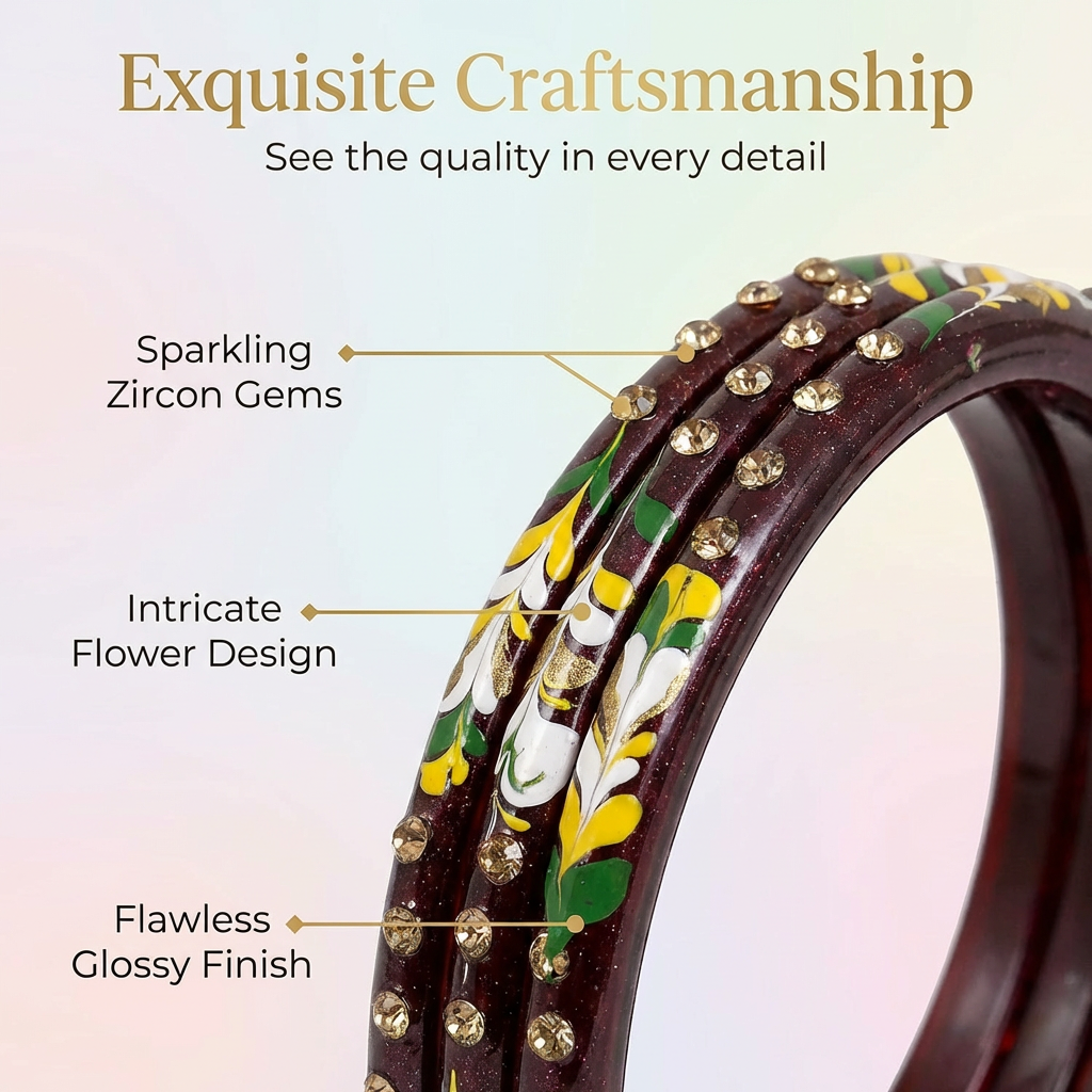 Close-up of a jewelry item with zircon gems and floral design, labeled 'Exquisite Craftsmanship'.