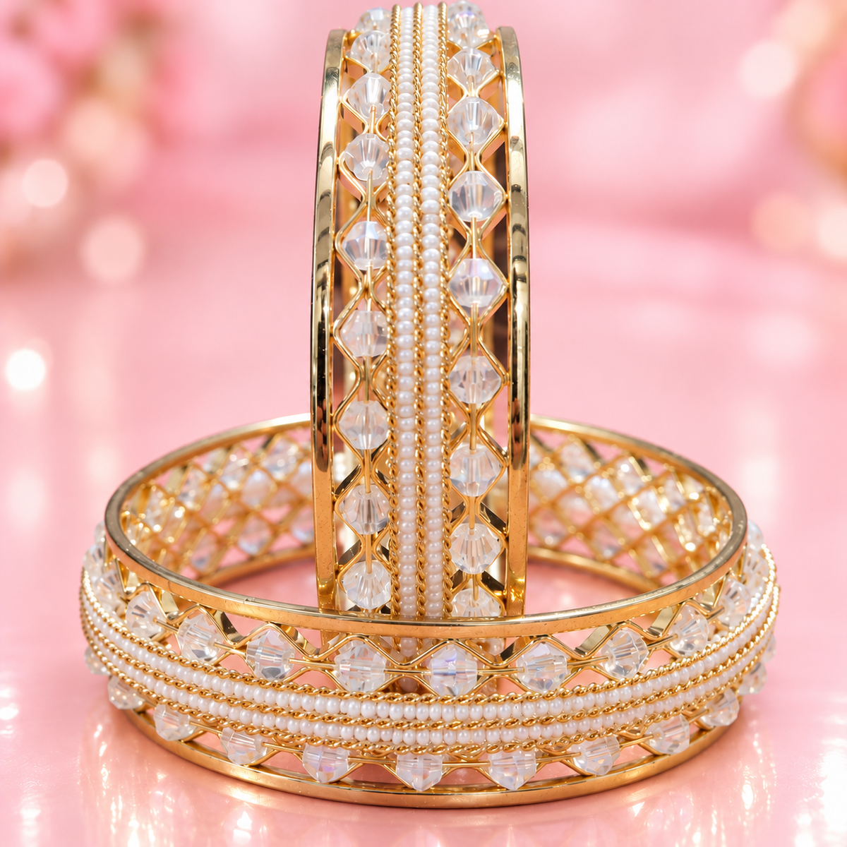 Designer Gold Plated Alloy Bangles Set With Stones Pearl - Set Of 2