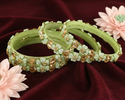 Pista Green Floral Heart Stone Bangles – Set of 4