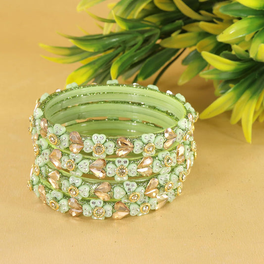 Pista Green Floral Heart Stone Bangles – Set of 4