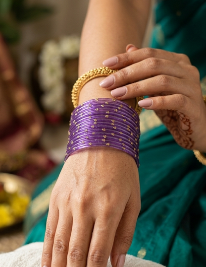 Traditional Lavender Stone Gold Bangles Set Glossy Finish with Golden Stone Work | Stylish &  Wear (Pack of 24)