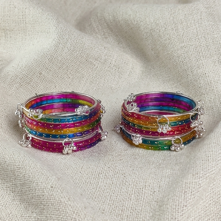 Trending Glass Bangle With Silver Ghunghroo Set For Women & Girls - Set Of 16