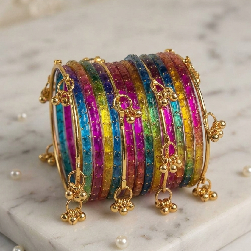 Trendy Glass Bangles With Gold Ghunghroo Set - Set Of 16