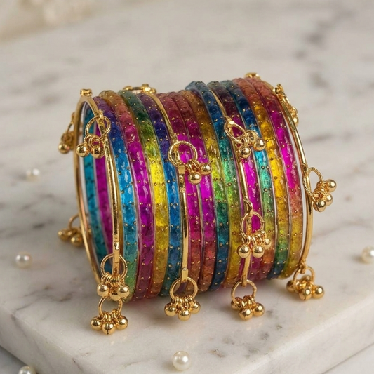 Trendy Glass Bangles With Gold Ghunghroo Set - Set Of 16