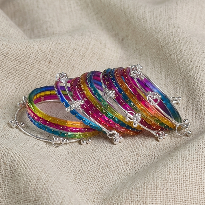 Trending Glass Bangle With Silver Ghunghroo Set For Women & Girls - Set Of 16